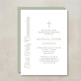 Elegant Sage Green Script Boy First Communion Inbjudningar