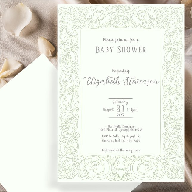Elegant Sage Green Scrollwork Baby Shower  Inbjudningar (Skapare uppladdad)
