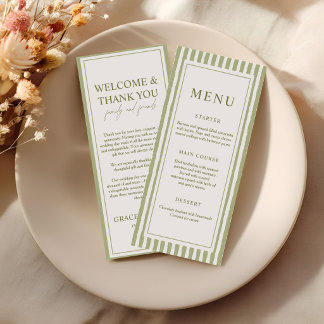 Elegant Sage Green Stripe Menu and Thank You Card Meny