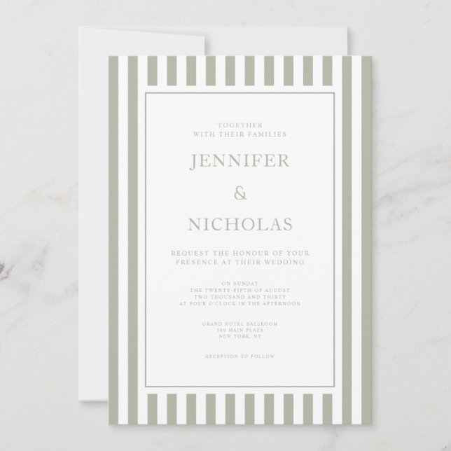 Elegant Sage Green Stripes Wedding Inbjudningar (Framsida)