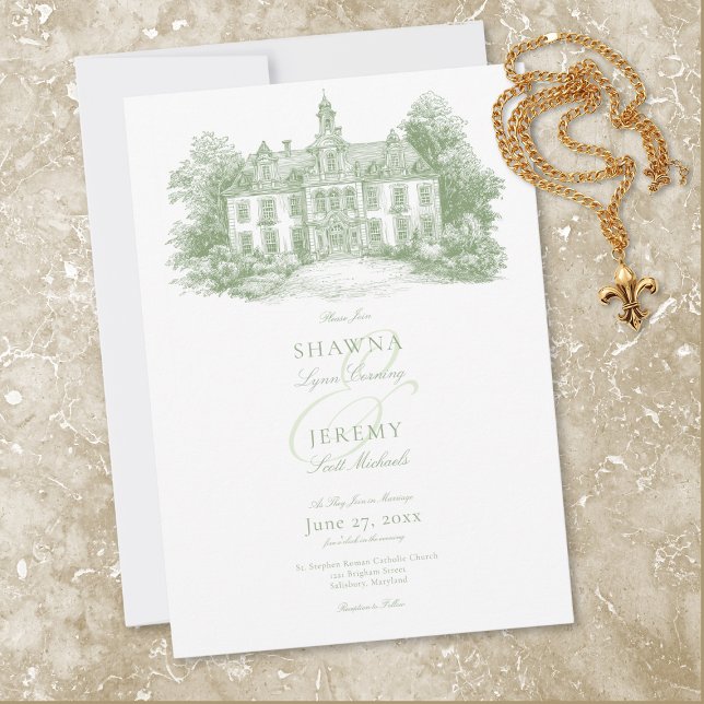 Elegant Sage Green Toile French Manor Wedding Inbjudningar (Elegant Sage Green Toile French Manor Wedding Invitation)