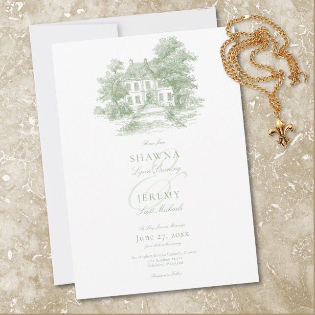 Elegant Sage Green Toile French Manor Wedding Inbjudningar (Elegant Sage Green Toile French Manor Wedding Invitation)