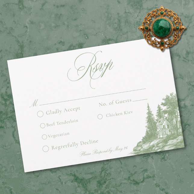 Elegant Sage Green Toile French Manor Wedding OSA Kort (Elegant Sage Green Toile French Manor Wedding RSVP Card)