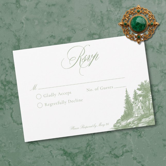 Elegant Sage Green Toile French Manor Wedding OSA Kort (Elegant Sage Green Toile French Manor Wedding RSVP Card)