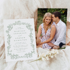 Elegant Sage Green Victorian Floral Photo Wedding Inbjudningar