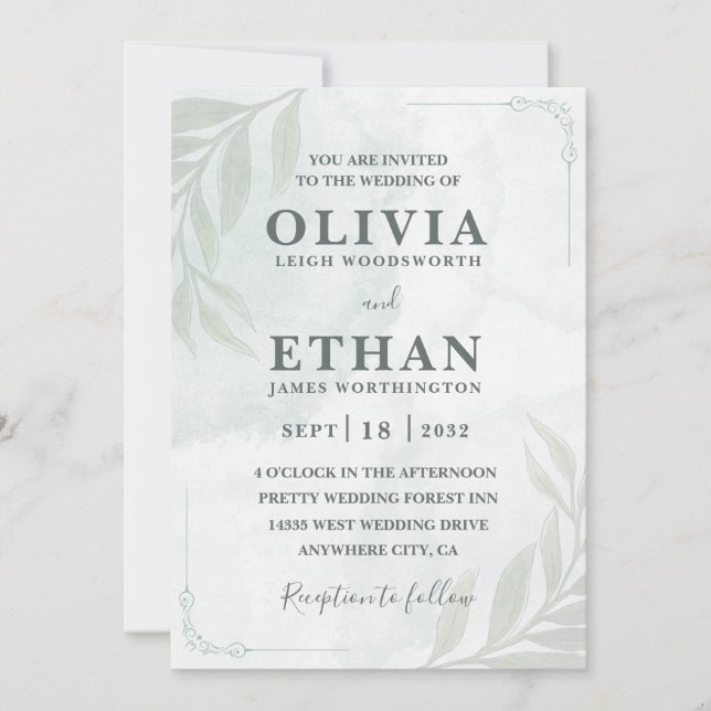Elegant Sage Green Watercolor Foliage Wedding  Inbjudningar (Framsida)