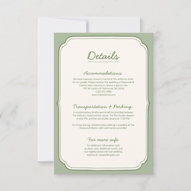 Elegant Sage Green Wedding Details Card  (Framsida)
