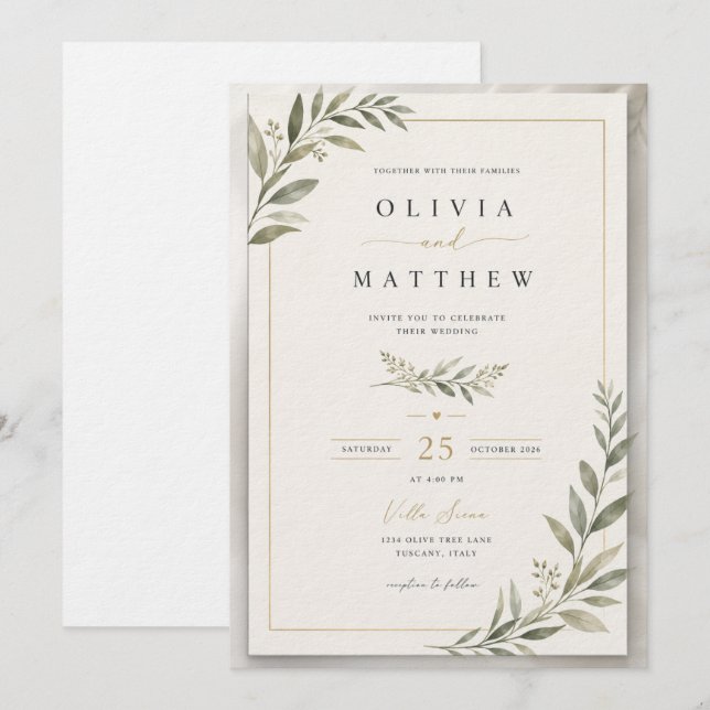 Elegant Sage Green Wedding Invitation | Minimalist Inbjudningar (Fram/baksida)