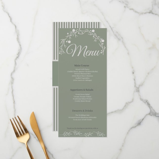 Elegant Sage Green Wedding Menu Card Meny (Fram/Back In Situ)