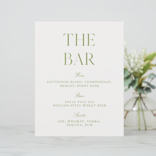 Elegant Sage Green & White 8.5x11 Wedding Bar Sign (Stående Fram)