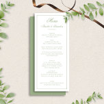 Elegant Sage Green & White Border Script Wedding Meny<br><div class="desc">This classic wedding menu features a soft sage green and white color palette with an elegant border and timeless script typography. Designed with a refined front-and-back layout, the front showcases your curated menu while the coordinating back adds a polished, finished look to each card. Perfect for formal, garden, and classic...</div>