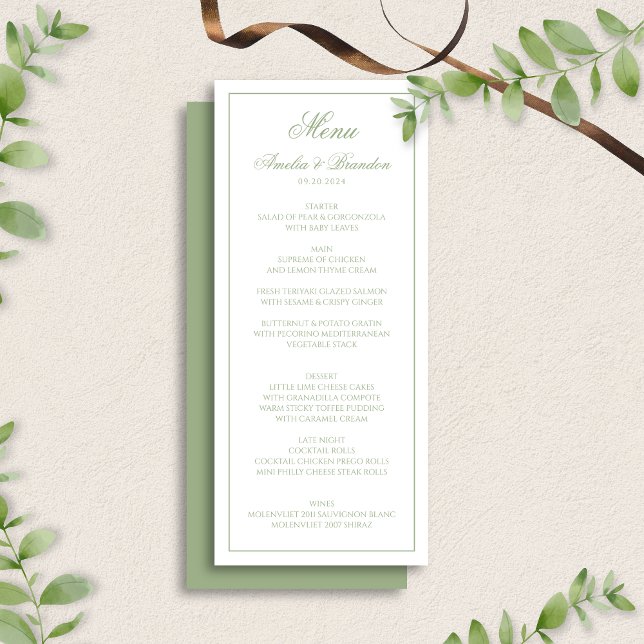 Elegant Sage Green & White Border Script Wedding Meny (Skapare uppladdad)