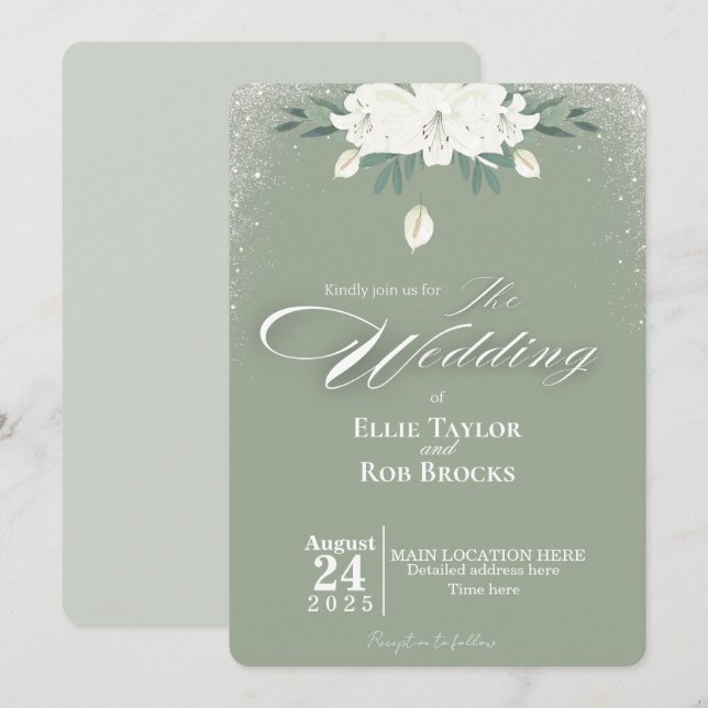 Elegant Sage Green White Floral Wedding Invitation Inbjudningar (Fram/baksida)