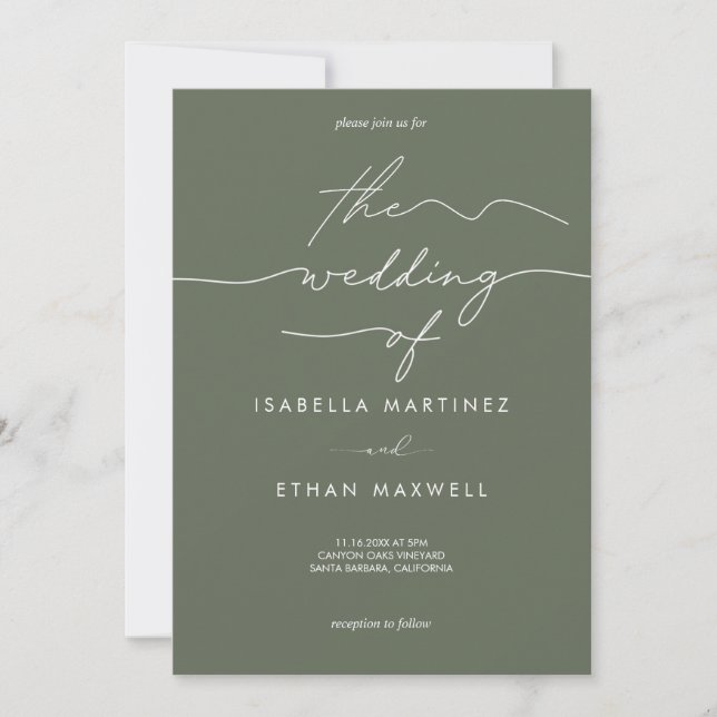 Elegant Sage Green & White Modern Script Wedding  Inbjudningar (Framsida)