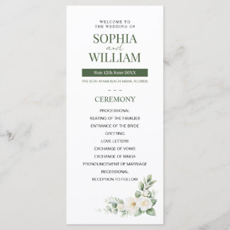 Elegant Sage Green White Rose Floral Wedding Progr Program