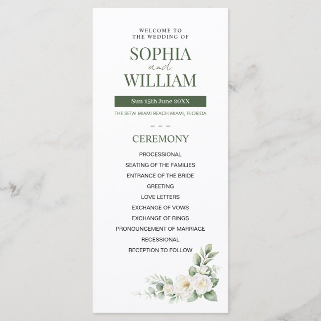 Elegant Sage Green White Rose Floral Wedding Progr Program (Framsida)