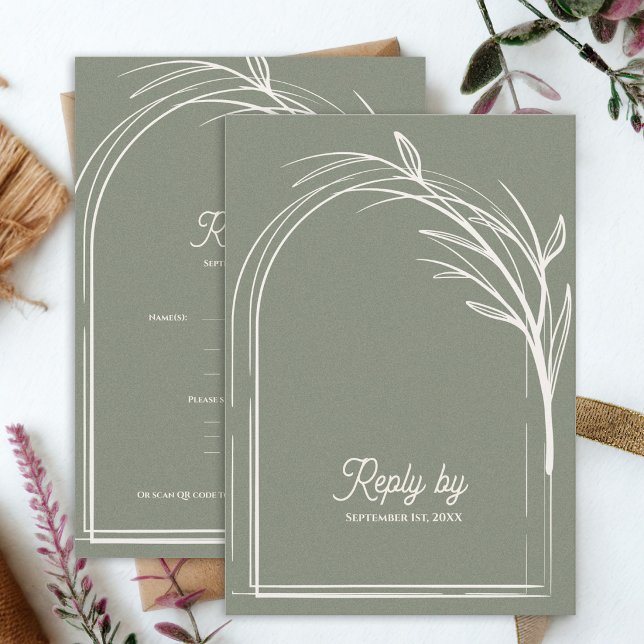 Elegant Sage Green With QR Code Wedding Reply By OSA Kort (Sage Green Minimalist Arch Botanical Wedding RSVP Card with QR Code | Modern Wedding Reply Card)