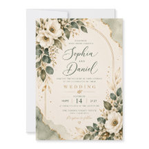 Elegant Sage Grön & Guld Blommig Bröllopsinbjudan