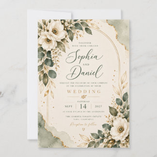Elegant Sage Grön & Guld Blommig Bröllopsinbjudan