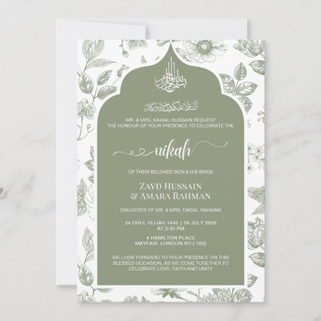 Elegant Sage Grön Nikah-inbjudan | Linje konst Inbjudningar (Framsida)