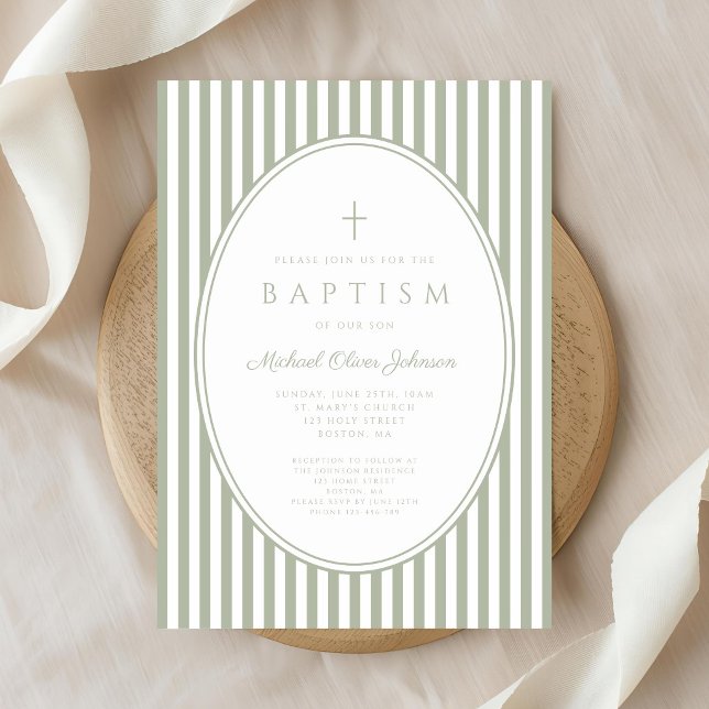 Elegant Sage Grön Randig Pojke Dop Inbjudningar (Elegant Sage Grenn Striped Boy Baptism Invitation)