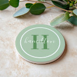 Elegant Sage Grönt Anpassningsbar Monogram Initial Underlägg<br><div class="desc">Dryckdrycken elegant rund personlig underlägg en typisk anpassningsbar med ett monogram initialt i leafy foliage-grönt med ditt efternamn i ett modernt,  vitt kalligrafiskt skript mot bakgrund av en sage grönt. En enkel vit cirkel ramarna designen. Du kan anpassa färg-schemat så att det passar perfekt med din hemdekanter.</div>