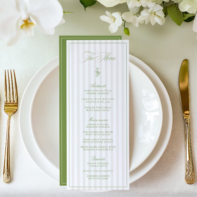 Elegant Sage Grönt & Beige Stripe Bröllop Menu Meny (Elegant Sage Green & Beige Striped Wedding Menu)