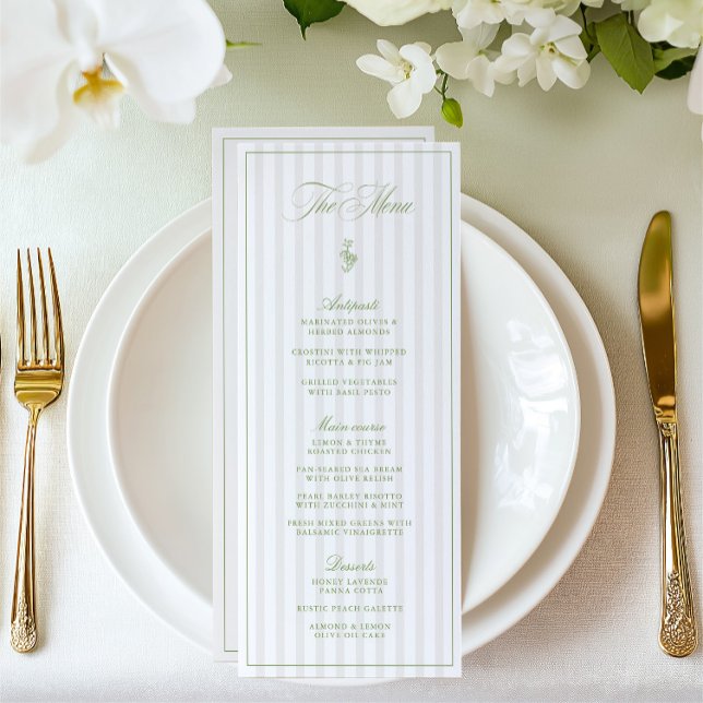 Elegant Sage Grönt & Beige Stripe Bröllop Menu Meny (Elegant Sage Green & Beige Striped Wedding Menu)