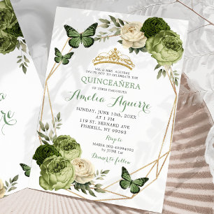 Elegant Sage Grönt Blommigt Butterfly Quinceañera Inbjudningar