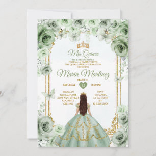 Elegant Sage Grönt Blommigt & Guld Quinceañera Inbjudningar