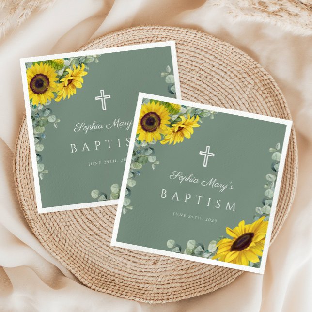 Elegant Sage Grönt Blommigt Kor Baptism Pappersservett (Elegant Sage Green Floral Cross Baptism Napkins)