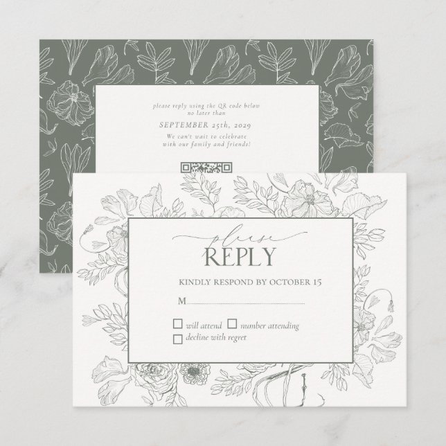 Elegant Sage Grönt Blommigt Line Art Bröllop OSA Kort (Fram/baksida)