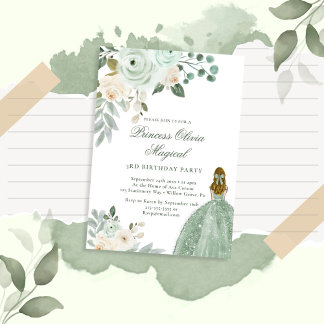 Elegant Sage Grönt Blommigt Princess Birthday Inbjudningar