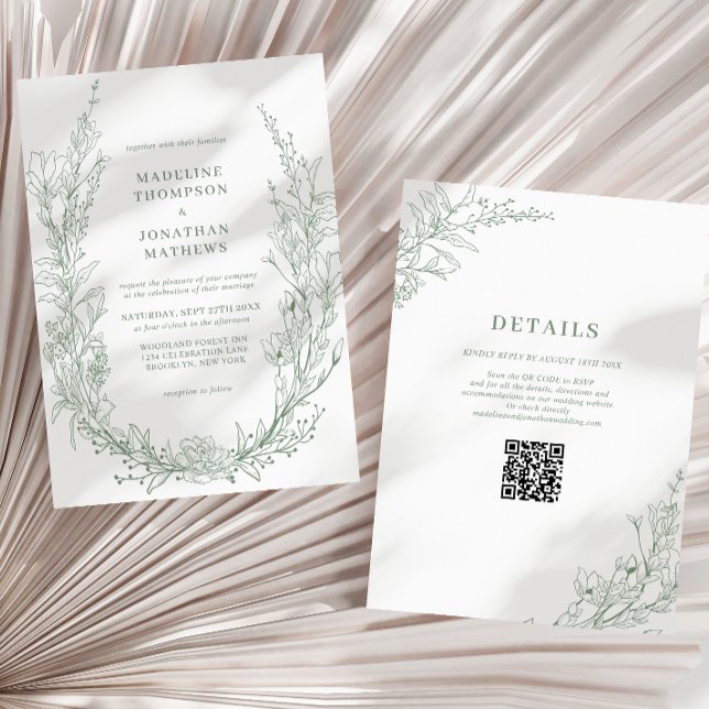 Elegant Sage Grönt Blommigt Utandning QR Kod Bröll Inbjudningar (Skapare uppladdad)