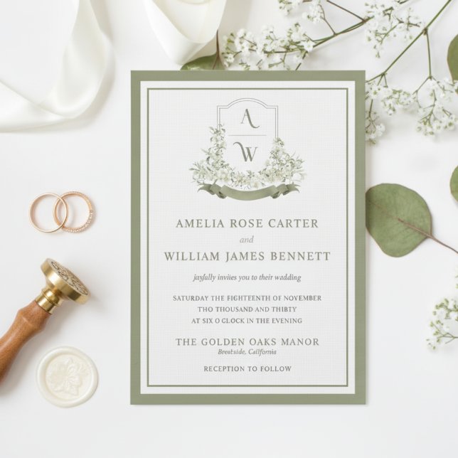 Elegant Sage Grönt Blommigt Vapensköld Monogram Br Inbjudningar (Elegant Sage Green Floral Crest Monogram Wedding Invitation)