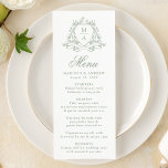 Elegant Sage Grönt Blommigt Vapensköld Monogram Br Meny<br><div class="desc">Med den här menyn för grönt bröllop lägger du till en skarp och elegant till bord i bröllop. Parets monogram bildas av en sage-grönt botanisk vapensköld som skapar en serenfokalpunkt mot den vita bakgrunden. "Meny" visas i färggrafi för grönt av bilder, med personlig för namn, bröllop datum och middagsdetaljer nedan....</div>