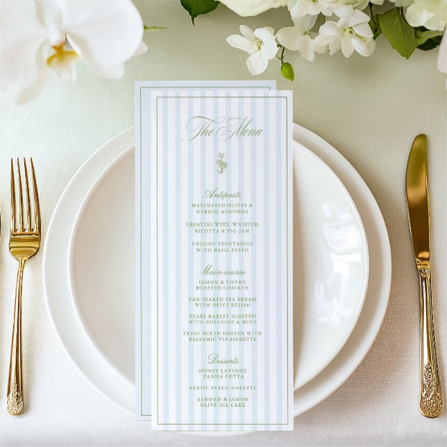 Elegant Sage Grönt & Blue Stripe Bröllop Menu Meny (Elegant Sage Green & Beige Striped Wedding Menu)