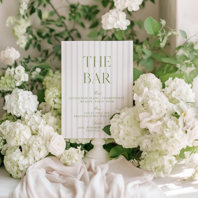Elegant Sage Grönt & Blue Stripe Bröllop Pub Sign Inbjudningar (Elegant Sage Green & Blue Striped Wedding Bar Sign)