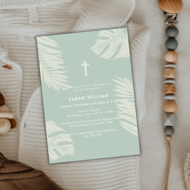 Elegant Sage Grönt Boho Löv Kor Baptism Inbjudningar (Elegant Sage Green Boho Leave Gold Cross Baptism Invitation)