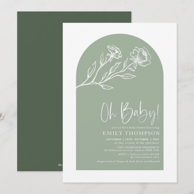 Elegant Sage Grönt Botanical Boho Baby Shower Inbjudningar (Fram/baksida)