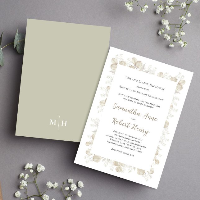 Elegant Sage Grönt Botanical Garden Foliage Inbjudningar (Simple and elegant sage green and cream foliage wedding invitation.)
