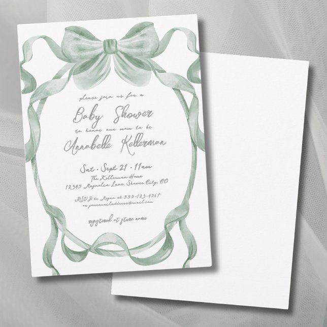 Elegant Sage Grönt Bow Baby Shower Inbjudningar (Elegant Sage Green Bow Baby Shower Invitation)