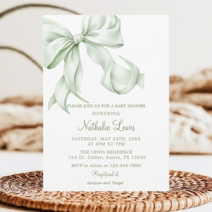 Elegant Sage Grönt Bow Gingham Baby Shower Inbjudningar