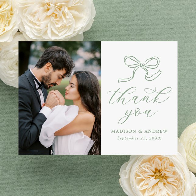 Elegant Sage Grönt Bow Photo Bröllop Tack Kort (Skapare uppladdad)