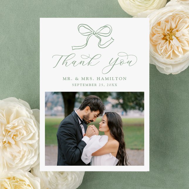 Elegant Sage Grönt Bow Photo Bröllop Tack Kort (Skapare uppladdad)