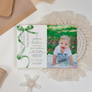 Elegant Sage Grönt Bow & Rosary Photo Baptism Inbjudningar