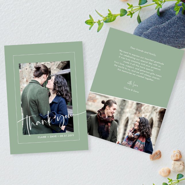 Elegant Sage Grönt Bröllop Photo Tackto You Card Tack Kort (Zazzle Chic Sage Green Hand Lettered Wedding Appreciation Thank You Card)