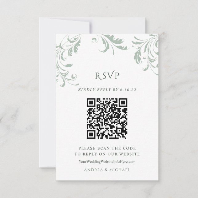Elegant Sage Grönt Bröllop QR-kodsvarets Online OSA Kort (Framsida)