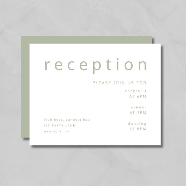 Elegant Sage Grönt Brölloprecept Tilläggskort (Modern Sage Green Typography Wedding Reception Enclosure Card)