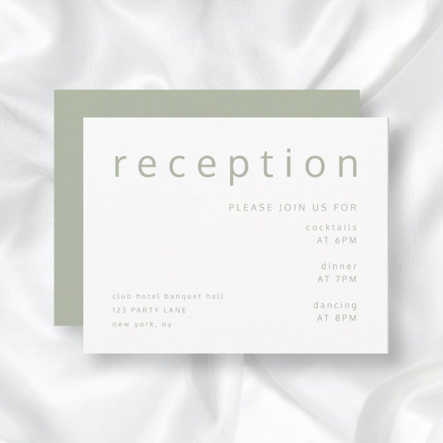 Elegant Sage Grönt Brölloprecept Tilläggskort (Front/Back Modern Sage Green Typography Wedding Reception Enclosure Card)
